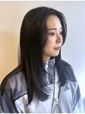 センターパート かきあげ アッシュブラック レイヤーロング