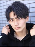 ブルーブラックアップバングショートコンマバングツーブロック