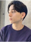 センターパートニュアンスパーマツーブロックメンズマッシュ