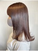 天神大名顔周りレイヤーカットミディアムボブピンクブラウン今泉