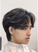 韓国へアカルマパーマワックスなしセンターパート黒髪ウルフ