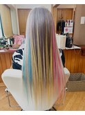 エクステ　ピンク黄色水色メッシュ