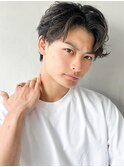 #ブルーブラック刈り上げセンターパートフェザーパーマサーフ