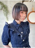 ミニボブインナーカラーぱっつん前髪ボブケアブリーチカラー