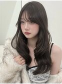ハッシュカットロングレイヤーオリーブブラウン前髪顔まわり渋谷