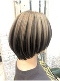 ロングショートワンカールパーマカーキグレージュ前髪錦糸町