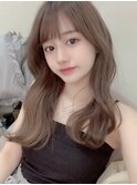 小顔薄めバンググレージュレイヤーロング前髪パーマ黒髪