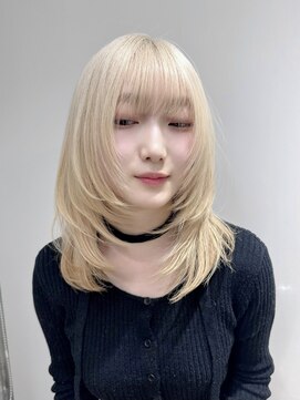 サンク 原宿 表参道(cinq) ★ブリーチカラーハイトーンカラーミルクティーベージュ韓国前髪