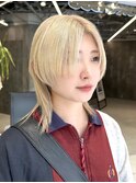 前髪なし/センターパート/ブロンド/ボブウルフ/姫カットレイヤー