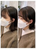 小顔前髪カット、サイドバング、フェミニン、ミディアムヘア