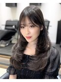 【レイヤーロング】黒髪アッシュカラー似合わせカットフルバング