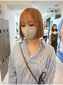 ぶつ切りボブ　ぱっつんボブ　オレンジブラウンカラー