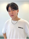 アッシュブラックカルマパーマ爽やかセンターパート韓国メンズ