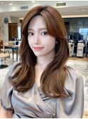 小顔ワンカールレイヤーカットデジタルパーマチェリーブラウン