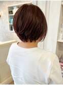 福山市美容室Caary人気 ピンクレッド透明感丸みショートボブ