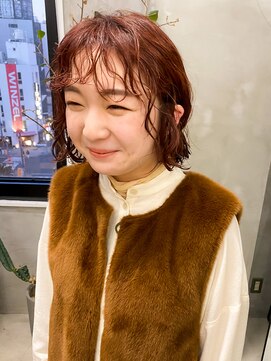 テトヘアー(teto hair) ボブパーマ暖色系カラー暖色くるくるオレンジレッドコーラル