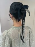 編みおろしツイン　リボンアレンジ　結婚式　同窓会　20代３０代