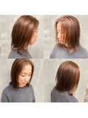 切りっぱなしボブ×透明感のある脱白髪染めの春カラー