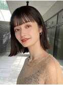 切りっぱなしタッセルボブ大人ボブ暗髪外ハネオリーブベージュ