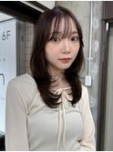 韓国風内巻きレイヤーミディアムシースルーバングヘア