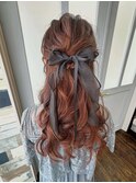 ふわふわハーフアップ　お呼ばれヘア　結婚式　リボンヘア
