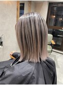 バレイヤージュ、ハイライト、レイヤーロング、グレーベージュ
