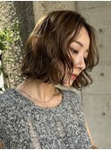 小顔ミディアムパーマボブルフワンレンネビージュボブパーマ黒髪