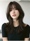 似合わせロングレイヤーブラウン韓国風小顔カット艶髪