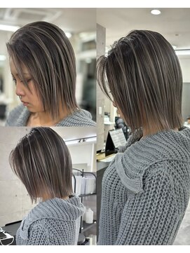 ウル 岡山駅店(ULu.) ホワイトアッシュベージュ×ハイライトカラー×ミニボブ　岡山