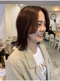 くびレイヤーカットエモージュ切りっぱなしボブオレンジカラー