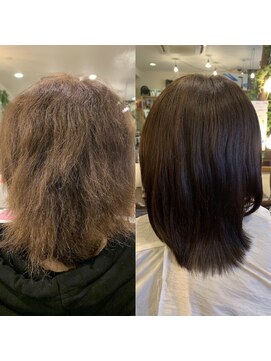 五感鷹匠 髪の診療所 ダメージで切れ毛多くても、復元ケアと艶感カラーの継続で綺麗に
