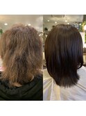 ダメージで切れ毛多くても、復元ケアと艶感カラーの継続で綺麗に