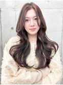 グレージュブラウン/ミディアムレイヤー/韓国巻き/顔周りカット