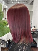 【白石】チェリーレッド暖色ブリーチなしカラーセミロング