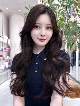 ミンクス渋谷スマートサロン(MINX shibuya smart salon) 前髪なし黒髪韓国風ロングウェーブ似合わせカット