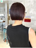 ピンクチェリーレッド大人可愛い小顔カット夏レイヤー艶感