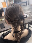 編み込みツインポニー/玉ねぎアレンジ/結婚式お呼ばれヘアセット