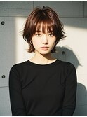 ハイライトクラゲヘアミニボブ成人式パーマミディアム裾カラー