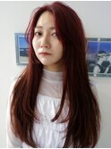 ロングレイヤーにボルドーカラー/ブリーチなしWカラー/前髪なし