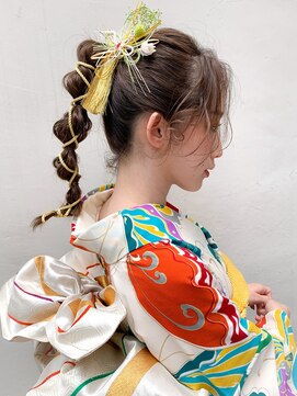 トルネード(TORNADO) 水引きヘア金箔 紐アレンジ ポニーテール 振袖ヘア袴ヘアK0904