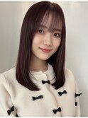 ミディアムレイヤーピンクブラウン顔まわりレイヤー前髪カット