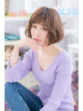 ミック ヘアアンドメイク アップ 駒込店(miq Hair&Make up) オン眉オリーブカラーくせ毛風小顔ボブ