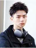 無造作アップバング(刈り上げ)ツーブロック黒髪短髪パーマ