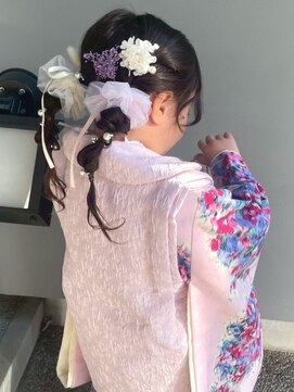 キッズヘアセット ツインテール お花 編み下ろし 七五三