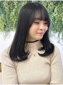美髪カールシアーカラーぱっつん前髪エアリーロングセミディ