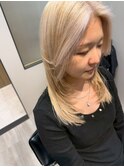 春色ハイトーンホワイトブロンドセンターパート韓国レイヤー