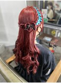 リボン編み掛けハートハーフアップ
