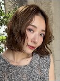 小顔ミディアムパーマボブルフワンレンネビージュボブパーマ黒髪