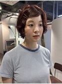 ショートボブパーマオレンジブラウンカラーヘア