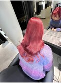 ブリーチカラー外巻きミディアムレッドピンク透明感髪質改善